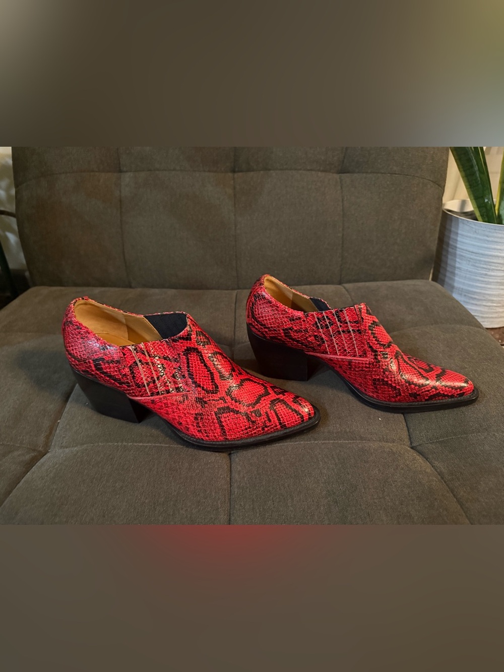 Red Snake-Print Women's Western Block Heel Shoes